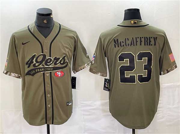 Men%27s San Francisco 49ers #23 Christian McCaffrey Olive Salute to Service With Patch Cool Base Stitched Baseball Jersey
